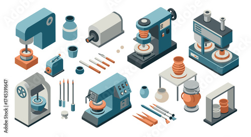 Isometric ceramic workshop tools and equipment set with pottery elements