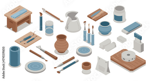 Creative workshop set with pottery and art tools in isometric style