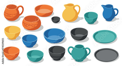 Colorful ceramic pottery collection in isometric view with varied kitchenware shapes