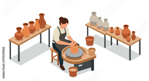 Pottery craft in a workshop with clay vases and bowls on display