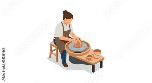Isometric pottery making woman shaping clay on wheel with tools and finished pottery