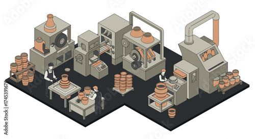 Modern isometric pottery workshop with machines and craftsmen in action