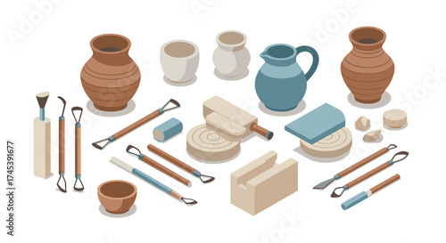 Pottery tools and utensils in isometric style on white background