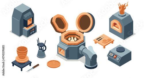 Isometric kilns and pottery equipment with ceramic craft tools for creative studio spaces