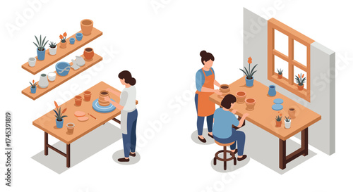 Creative pottery workshop isometric scene of crafting and ceramic art
