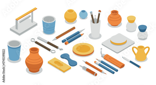 Isometric art tools and pottery designs in blue and orange tones