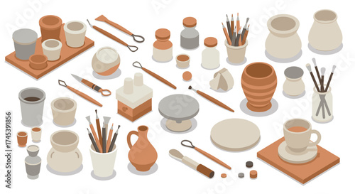 Cozy ceramic workshop elements in modern isometric style