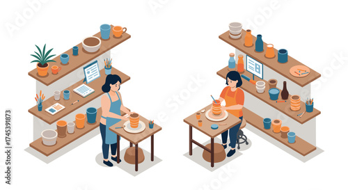 Creative pottery workshop scene with crafting women in isometric style