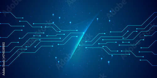 Futuristic Digital Circuit Design with Glowing Blue Lines and Data Flow