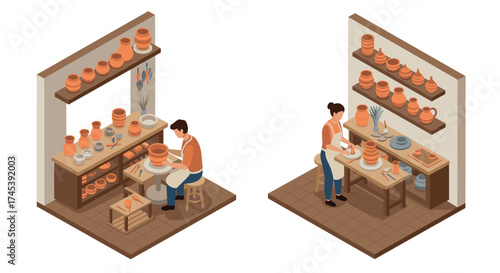 Pottery studio isometric design with craftsman and woman working on clay creations
