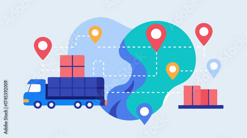 A digital map with location pins and realtime data tracking showcasing advancements in logistics and transportation.