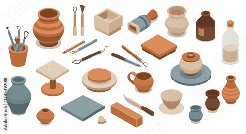 Isometric pottery tools and clay vessels on white background