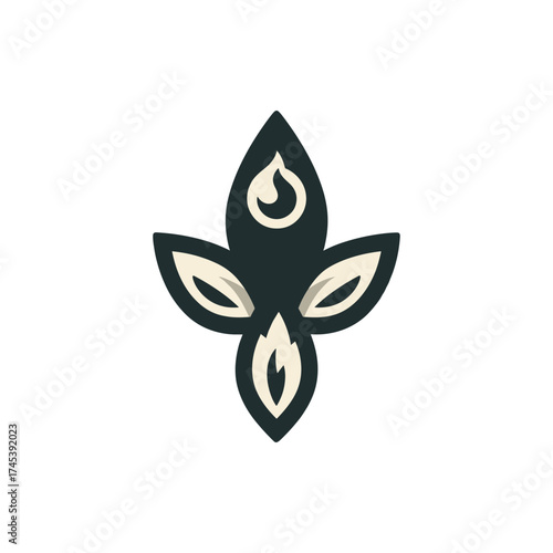 Abstract design featuring a stylized floral emblem with leaves and flames, ideal for branding