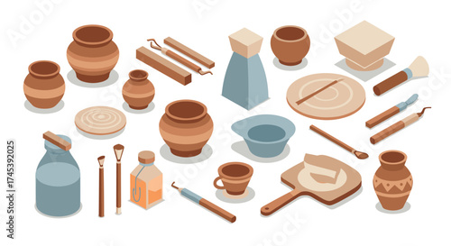 Isometric pottery tools and clay vessels in soft pastel tones on white background