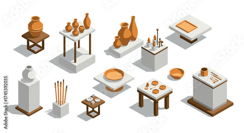 Isometric ceramic art display modern pottery on geometric pedestals