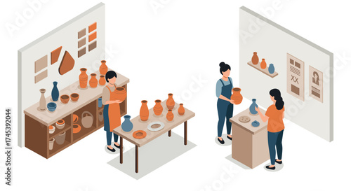 Isometric pottery workshop scene with artisans and ceramic creations