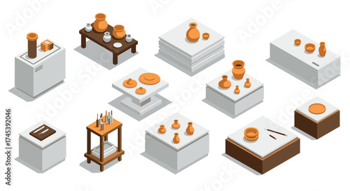 Isometric pottery exhibition with ceramic vessels and artifacts on display