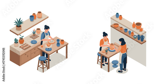 Isometric workshop pottery making and collaboration in creative studio