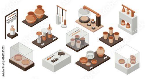 Isometric museum display with ceramics and pottery exhibits in neutral tones