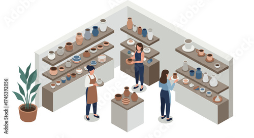 Isometric pottery shop scene with customers and shelves of ceramics