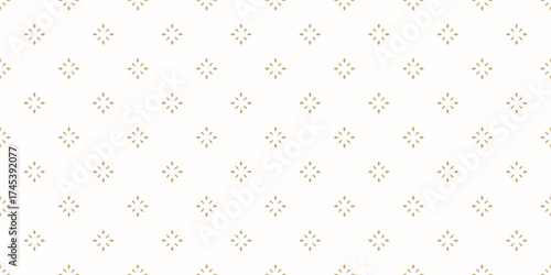 Simple golden minimalist background. Vector geometric seamless pattern with small diamond shapes, stars, flowers. Subtle gold and white shiny abstract texture. Minimal repeated design for wallpaper