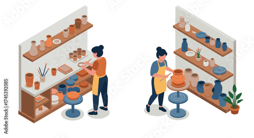 Pottery studio isometric art crafting and creating with clay and ceramics