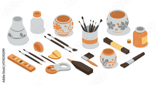 Modern isometric art supplies with decorative jars and paint brushes
