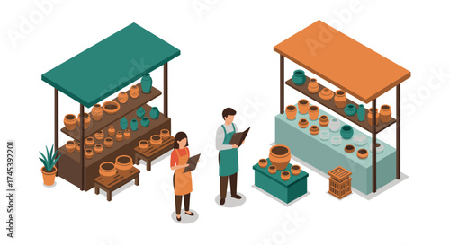 Isometric market stalls with pottery and people shopping in orange and teal