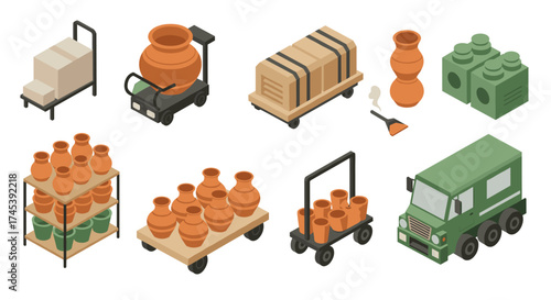 Isometric pottery production workshop with clay pots and kiln equipment