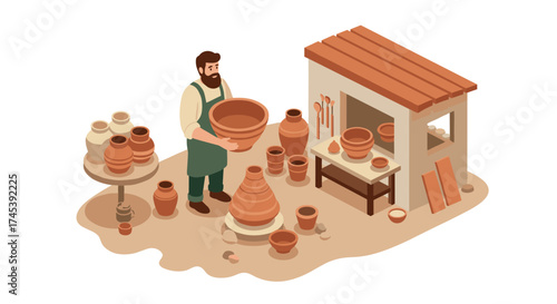 Isometric potter creating clay pots at a workshop with earthenware