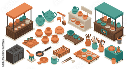 Isometric pottery and kitchenware collection with booths and cooking utensils