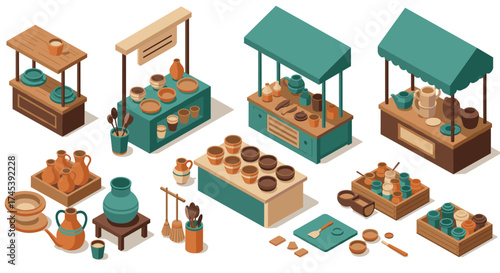 Isometric market stalls with pottery and crafts in earthy tones