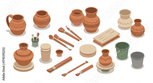 Pottery tools and clay vessels isometric design