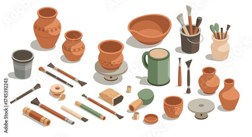 Ceramic art supplies and pottery tools in isometric design