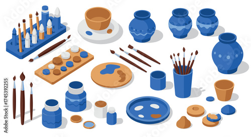 Isometric art supplies blue and orange pots, brushes, and paints for creative projects