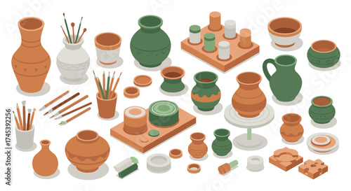 Colorful pottery and crafts in isometric style with art supplies