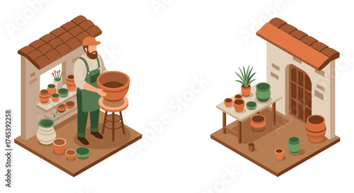 Isometric scene of a potter crafting clay pots in a rustic workshop setting