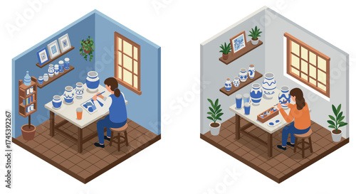 Creative pottery design in isometric art studio scene with two artists