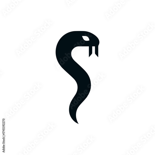 Abstract silhouette of a snake with a curved body and forked tongue on a plain background
