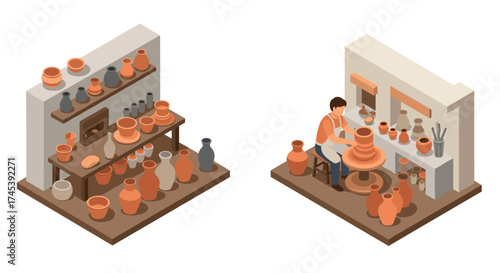 Isometric pottery workshop with artisan sculpting clay vases and shelves