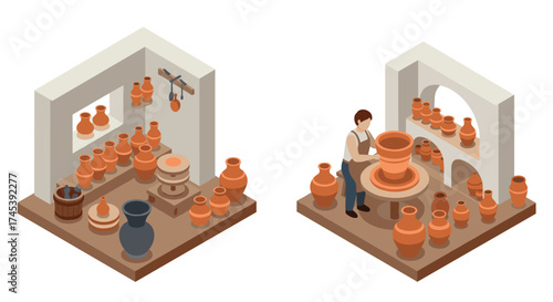 Isometric pottery workshop with potter and ceramic display shelves