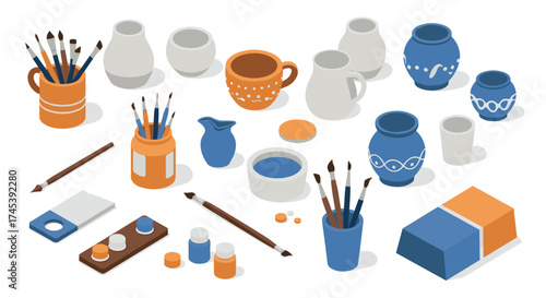 Artistic pottery and painting tools in isometric design for creative projects