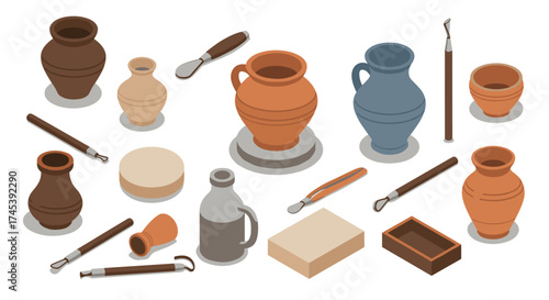 Isometric pottery craft tools and clay vases collection for art and design projects