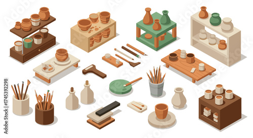 Isometric pottery studio elements with shelves, tools, and clay jars