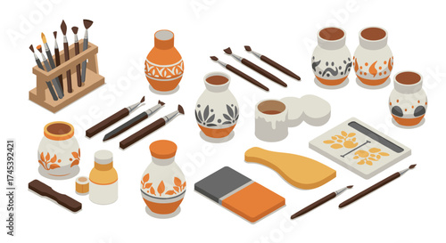Creative pottery workshop tools and materials in isometric style