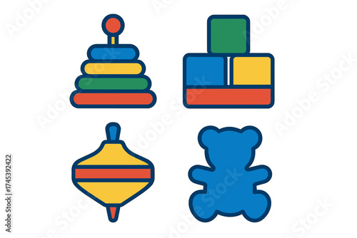 Set of colorful classic children's toys including stacking rings building blocks and teddy bear silhouette