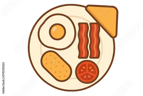 Classic full English breakfast served on a round plate featuring egg, bacon, hash brown, and toast