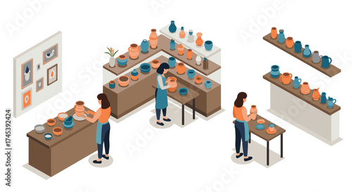 Isometric pottery workshop with artists crafting and displaying ceramic pieces
