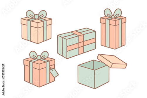 Collection of various pastel colored gift boxes wrapped with ribbons and bows for celebration and holidays