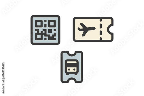 Set of travel and transportation tickets including airplane boarding pass, bus ticket, and digital QR code